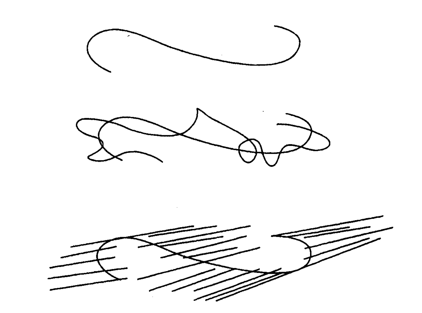 Three line drawings progressing from a simple curve to intertwined loops and intersecting lines.